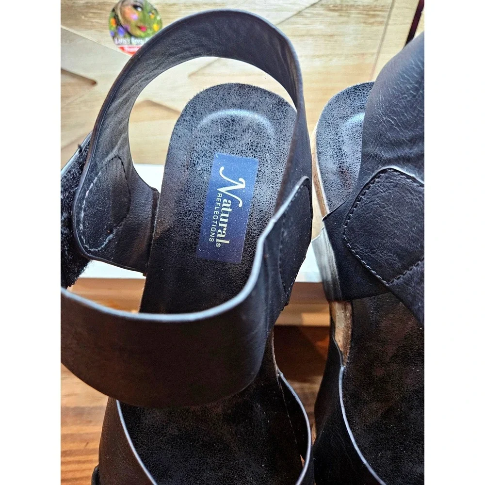 Natural‎ Boho Wedge Chunky Sandals Wmn Sz 8 Black Cork Strappy Ankle Strap #560